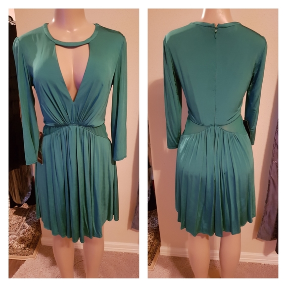 Bebe Long Sleeve Green Inset Waist Dress - Picture 1 of 2
